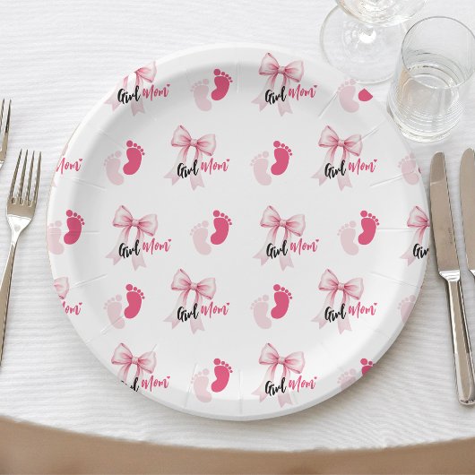 Pink Bow Girl Mom Ribbon Cute Baby Shower ペーパープレート