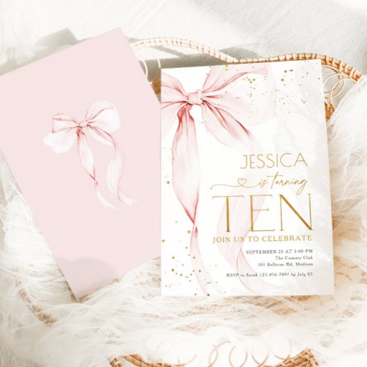 Pink Bow Girls 10th Birthday  招待状