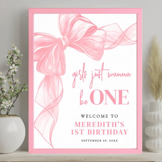 Pink Bow Girls 1st Birthday Welcome Sign ポスター