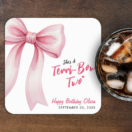 Pink Bow Girls 2nd Birthday Party Terrible Two スクエアペーパーコースター