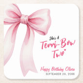 Pink Bow Girls 2nd Birthday Party Terrible Two スクエアペーパーコースター (正面)