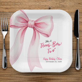 Pink Bow Girls 2nd Birthday Party Terrible Two ペーパープレート