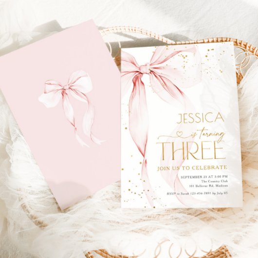 Pink Bow Girls 3rd Birthday  招待状