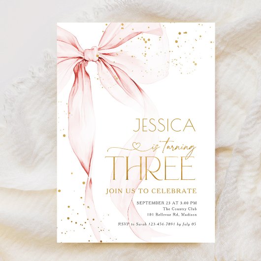 Pink Bow Girls 3rd Birthday 招待状