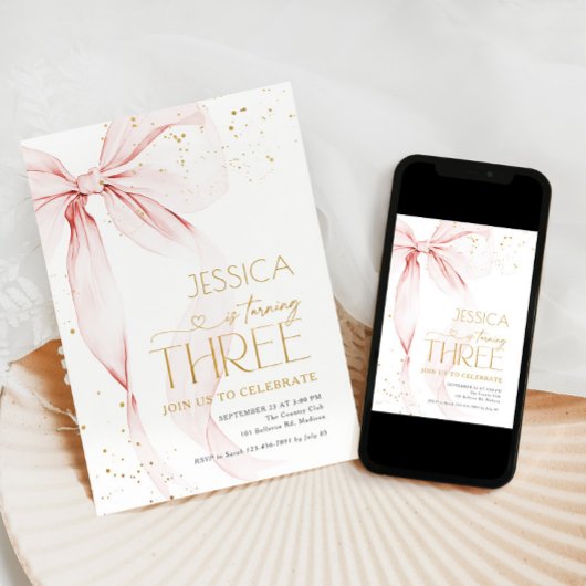 Pink Bow Girls 3rd Birthday  招待状