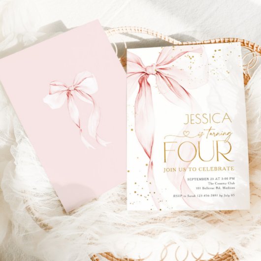 Pink Bow Girls 4th Birthday  招待状