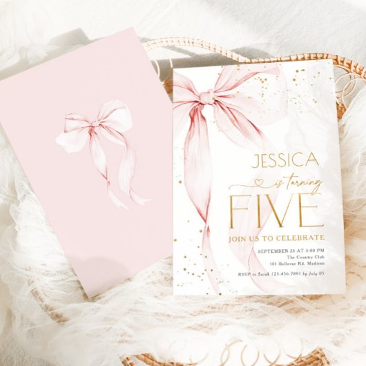 Pink Bow Girls 5th Birthday  招待状