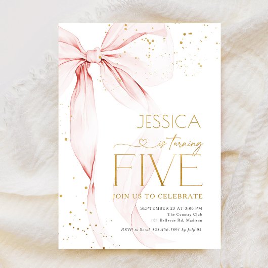 Pink Bow Girls 5th Birthday  招待状