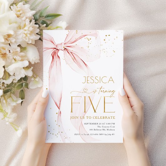 Pink Bow Girls 5th Birthday  招待状