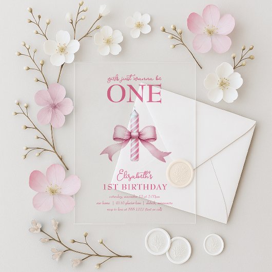 Pink Bow Girls Just Wanna Be One 1st Birthday  アクリル招待状