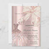 Pink Bow Glitter Drips,Dress Rose Gold Sweet 16 招待状 (正面)