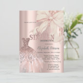 Pink Bow Glitter Drips,Dress Rose Gold Sweet 16 招待状 (スタンド正面)