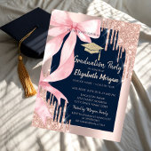 Pink Bow Glitter Grad Cap,Drips Navy Blue   招待状