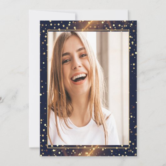 Pink Bow Glitter Grad Cap,Drips Photo Navy Blue   招待状 (裏面)