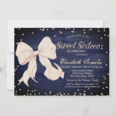 Pink Bow Gold Diamonds Navy Blue Sweet 16 招待状 (正面)