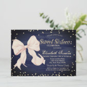 Pink Bow Gold Diamonds Navy Blue Sweet 16 招待状 (スタンド正面)