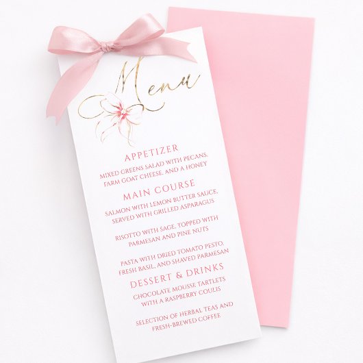 Pink Bow Gold Typography Elegant Party Menu メニュー