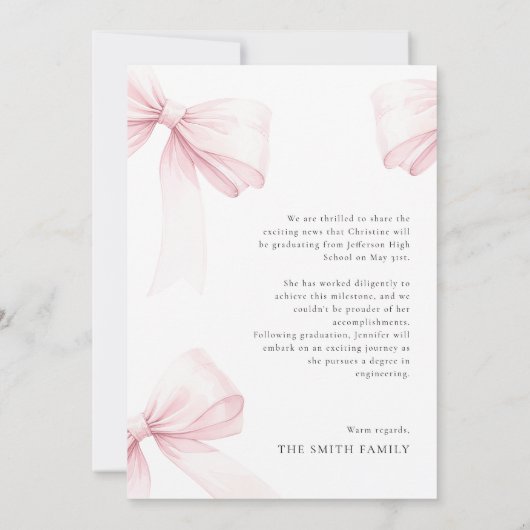 Pink Bow Graduation Announcement 案内状 (裏面)