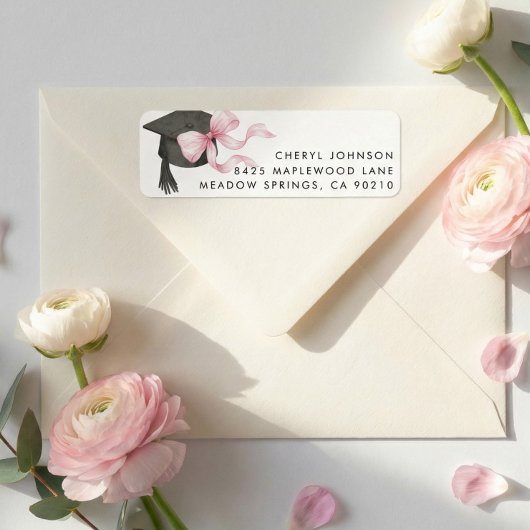Pink Bow Graduation Cap Return Address Label ラベル