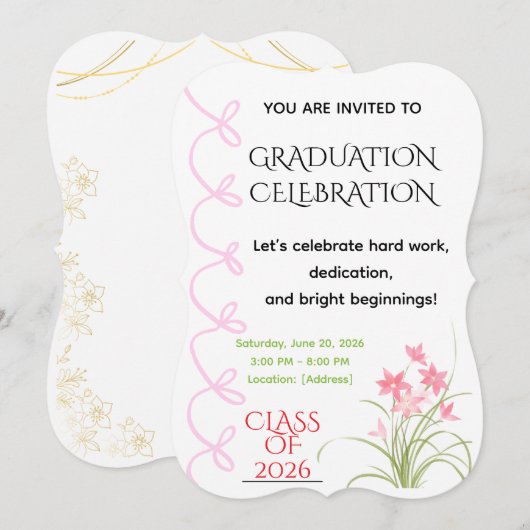 Pink Bow Graduation Invitation 招待状 (正面/裏面)