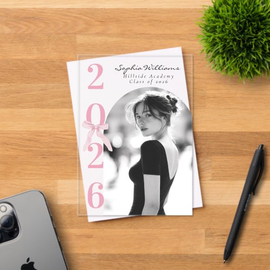 Pink Bow Graduation Photo Black and White アクリル招待状 (インサイチュ (招待状))