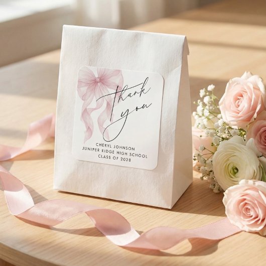 Pink Bow Graduation Thank You スクエアシール