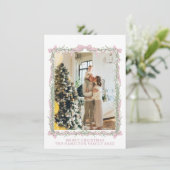Pink Bow Green Garland Gingham Christmas Photo  シーズンカード (スタンド正面)
