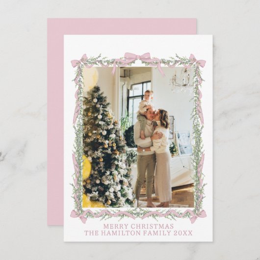 Pink Bow Green Garland Gingham Christmas Photo  シーズンカード (正面/裏面)