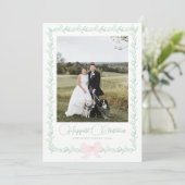 Pink Bow Greenery Traditional Christmas Photo シーズンカード (スタンド正面)