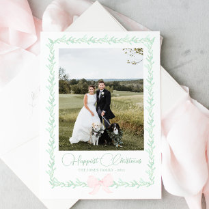 Pink Bow Greenery Traditional Christmas Photo シーズンカード