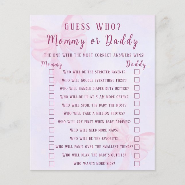 Pink Bow Guess Who Mommy or Daddy Baby Shower Game (正面)