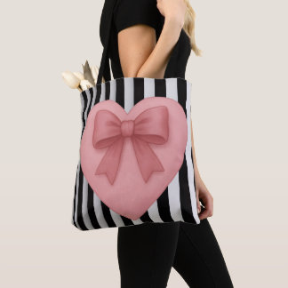 Pink bow heart black&white stripes Tote Bag トートバッグ