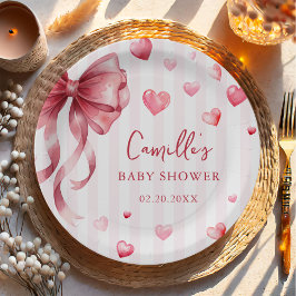Pink Bow Hearts Valentines Baby Shower ペーパープレート