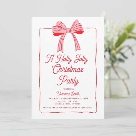 Pink Bow Holly Holiday Party Festive 招待状 (スタンド正面)