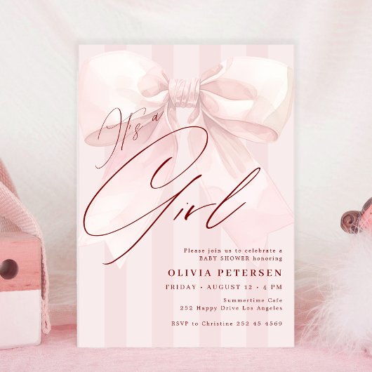 Pink bow its a girl script girl baby shower 招待状