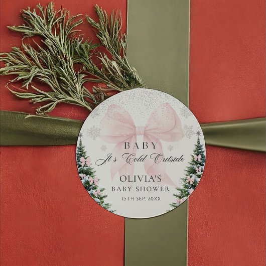 Pink Bow It's Cold Outside Baby Shower Sticker ラウンドシール