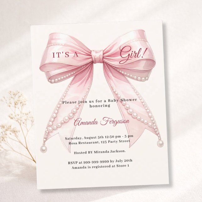 Pink bow ivory it's a girl Baby Shower invitation (クリエイターアップロード済み)