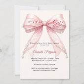 Pink bow ivory it's a girl pearls Baby Shower 招待状 (正面)