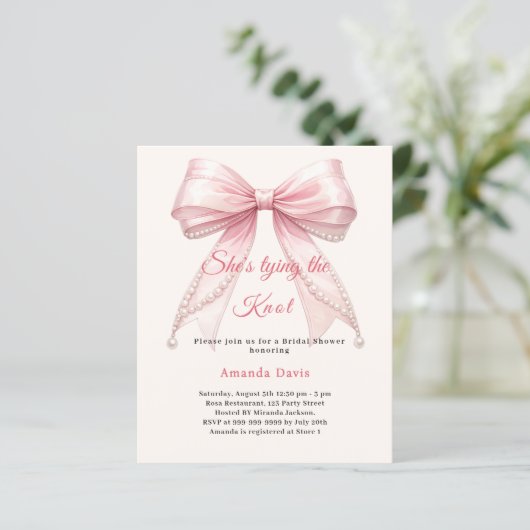 Pink bow ivory pearl knot Bridal Shower invitation (スタンド正面)