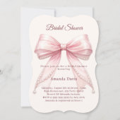 Pink bow ivory pearls elegant Bridal Shower 招待状 (正面)