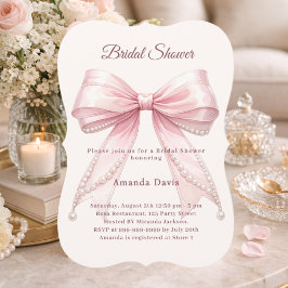 Pink bow ivory pearls elegant Bridal Shower 招待状