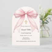 Pink bow ivory pearls girl Confirmation arch 招待状 (スタンド正面)