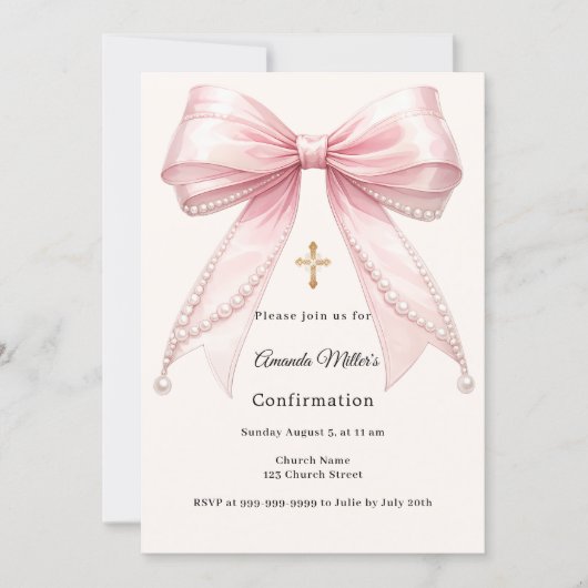 Pink bow ivory pearls girl elegant Confirmation 招待状 (正面)