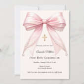 Pink bow ivory pearls girl elegant First Communion 招待状 (正面)