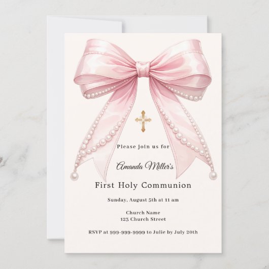 Pink bow ivory pearls girl elegant First Communion 招待状 (正面)