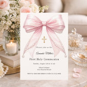 Pink bow ivory pearls girl elegant First Communion 招待状