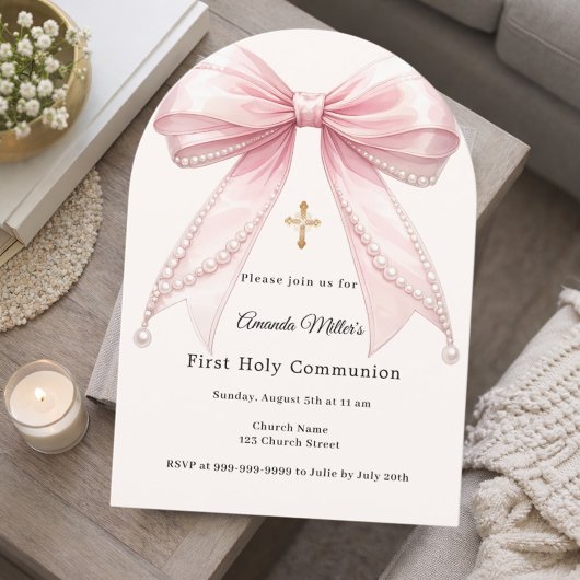 Pink bow ivory pearls girl First Communion Arch 招待状