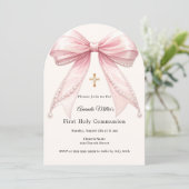 Pink bow ivory pearls girl First Communion Arch 招待状 (スタンド正面)
