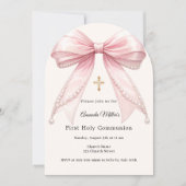 Pink bow ivory pearls girl First Communion Arch 招待状 (正面)
