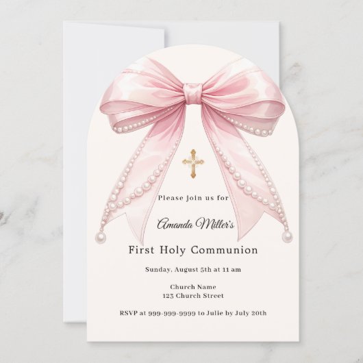 Pink bow ivory pearls girl First Communion Arch 招待状 (正面)